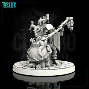 (0121) Female horror human, firbolg, half-orc, tiefling old witch with cauldron