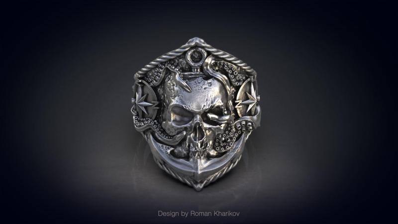 Ring with the skull at anchor 3d model for 3d printing
