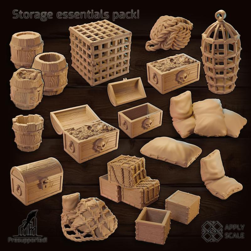 Pirate ship, Inn, Tavern storage essentials - wooden crates, barrels, chests, treasure chests, bucket, rope, bags, cage