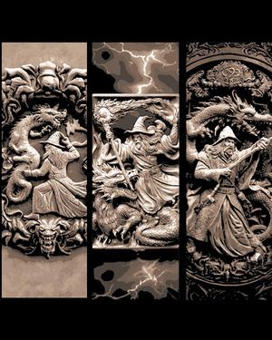 Continuation of the Carved historical depictions of Wizard vs Dragon - Set of Bookmarks