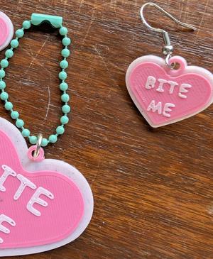 Bite Me Conversation Heart Earring Necklace Keychain and Ornament Set