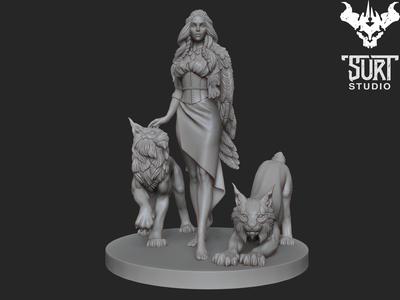 Freya statue of woman with two wolves