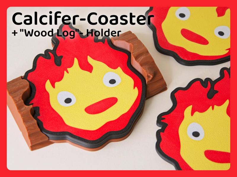 Calcifer Coasters with Log-Shaped Holder