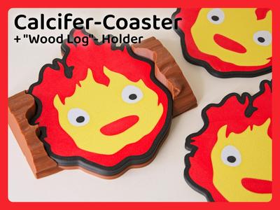 Calcifer Coasters with Log-Shaped Holder