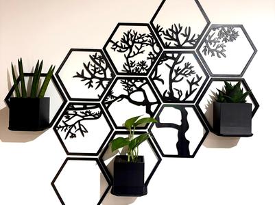 Hexagon tree wall art with planter pots and shelf
