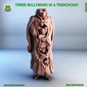 Three bullywugs in a trenchcoat