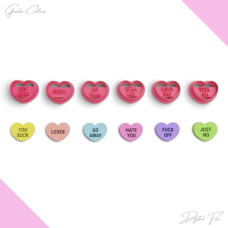 Conversation Heart Candy "Anti Love" Clay Cutter, 6 Models, 2 Cutter Version, 5 Size, No: 1277