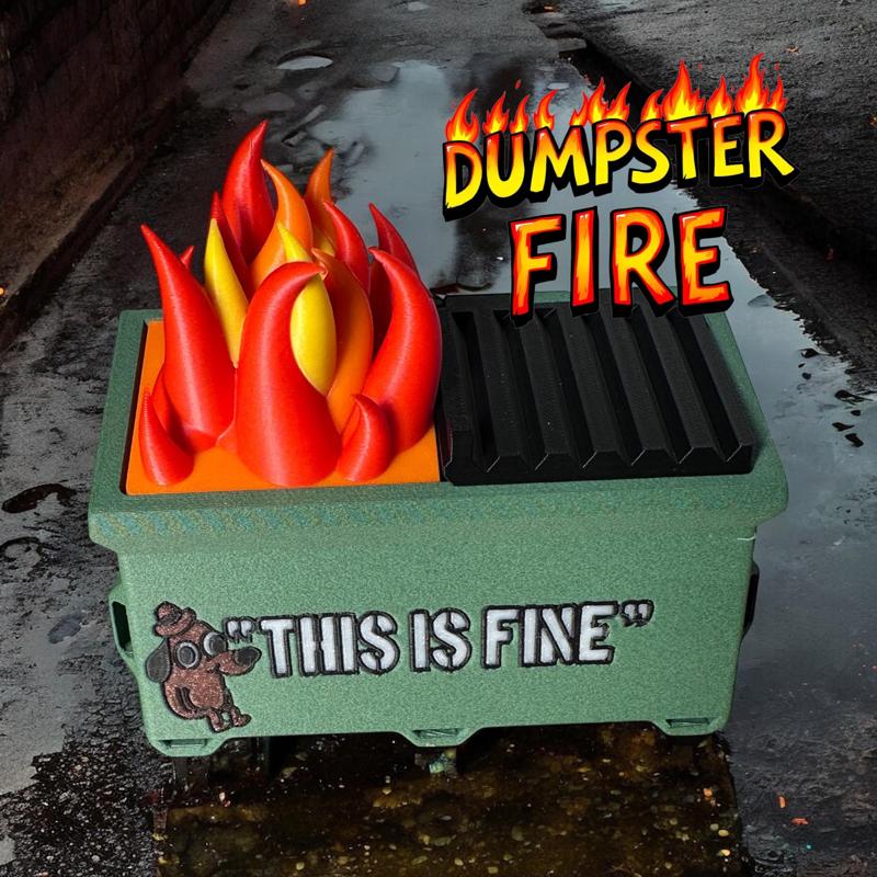 Print-in-Place Mini Dumpster Fire Model – "This Is Fine" Edition