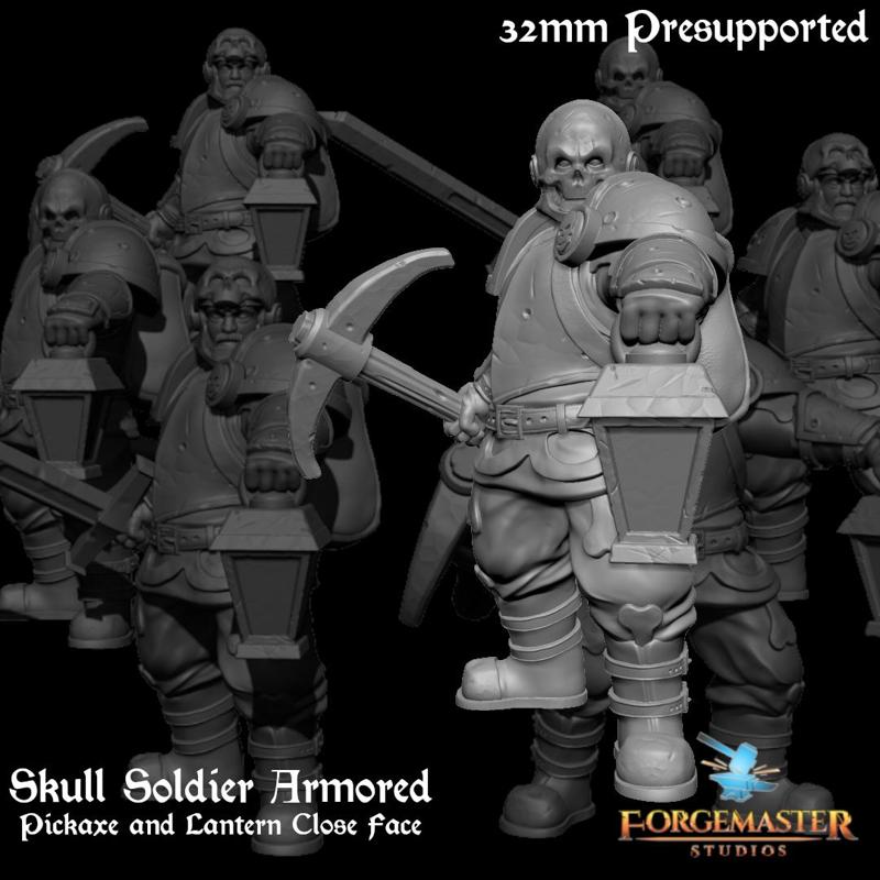 Human Death Knight - Skull Soldier Armored Pickaxe and Lantern Close Face