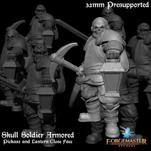 Human Death Knight - Skull Soldier Armored Pickaxe and Lantern Close Face