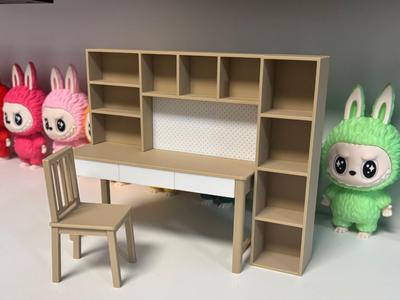 1:10 scale miniature desk, bookshelf, chair, and pegboard furniture