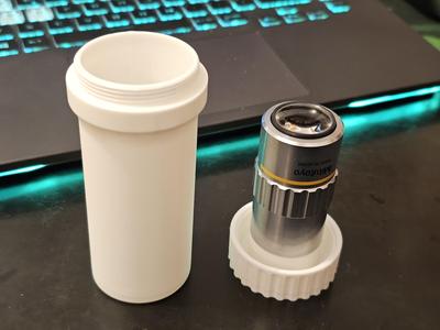 Mitutoyo Microscope objective storage box / tin / case with M26 x 0.706 threads, fits 95mm parfocal length objectives