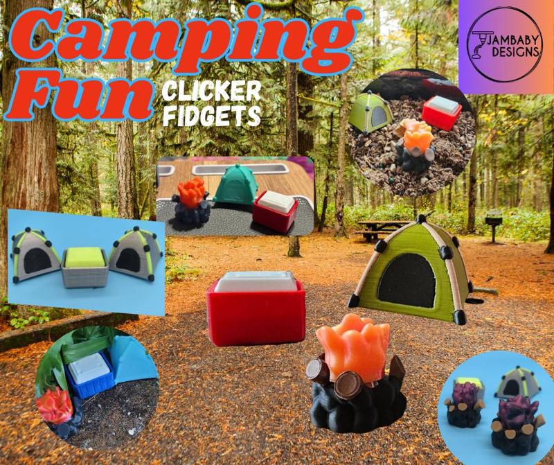 Camping  Fun Clicker Fidgets Collection-- Tent, Cooler and Campfire!