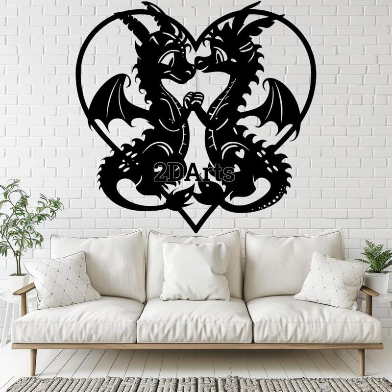Dragon Couple in a Heart 2D Wall Art/Window Art - Digital STL & SVG File for 3D Printing or Laser Cu