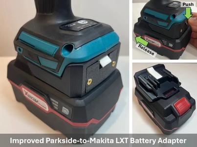 IMPROVED Parkside-to-Makita LXT Battery Adapter (Standard Connectors, 2 Sizes, Latch & Lid)