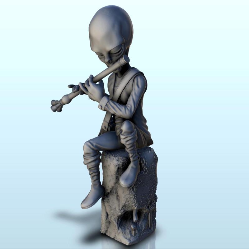 Alien flute player on stone (18) (+ pre-supported version & rounded base) - SF Warhordes ET extraterrest Confrontation