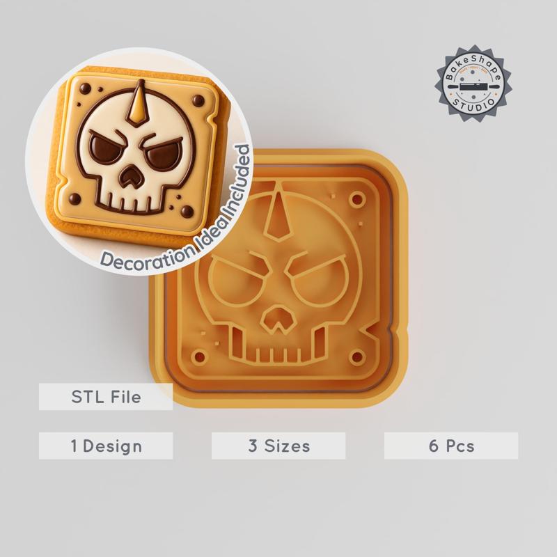 Dangerous Skull Shape Cutter & Stamp, Cookie & Fondant Decor, Warning Signal Design, 3 Sizes S/M/L, 6-Piece Set PRODUCT_2710