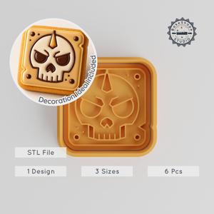 Dangerous Skull Shape Cutter & Stamp, Cookie & Fondant Decor, Warning Signal Design, 3 Sizes S/M/L, 6-Piece Set PRODUCT_2710
