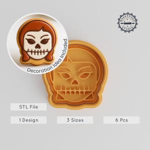 Skull Girl Cookie Cutter & Stamp Set, Halloween Skull, Spooky Face, Ghostly, Fondant Tool, Sizes S, M, L PRODUCT_963