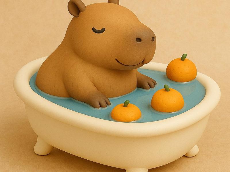 Cute Capybara in bath with floating oranges