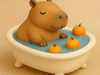 Cute Capybara in bath with floating oranges