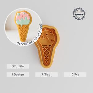 Ice Cream Cone Shape Cutter & Stamp, Cookie & Fondant Set, 6-Piece Bundle, S/M/L Sizes, Frozen Treat Dessert Design PRODUCT_1061