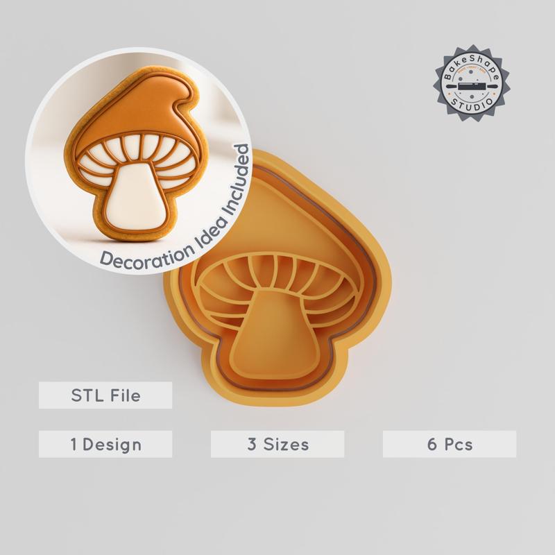Mushroom Shape Cutter & Stamp Set, Cookie & Fondant Tools, Woodland & Nature Design, 3 Sizes, S/M/L, 6-Piece Collection PRODUCT_1000