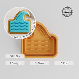 Wave Ocean Cookie Cutter & Stamp, Sea Wave, Nautical, Fondant Decoration Set, 3 Sizes, 6 Pieces PRODUCT_1155