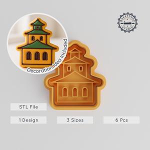 Temple Cookie Cutter & Stamp, Asian Shrine Fondant Cutter Set, 3 Sizes, 6 Pieces, Religion Themed Baking Tools PRODUCT_2200