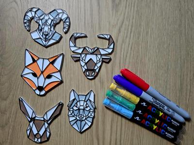 Geometric Animal Heads DIY Coloring Fox Goat Bunny