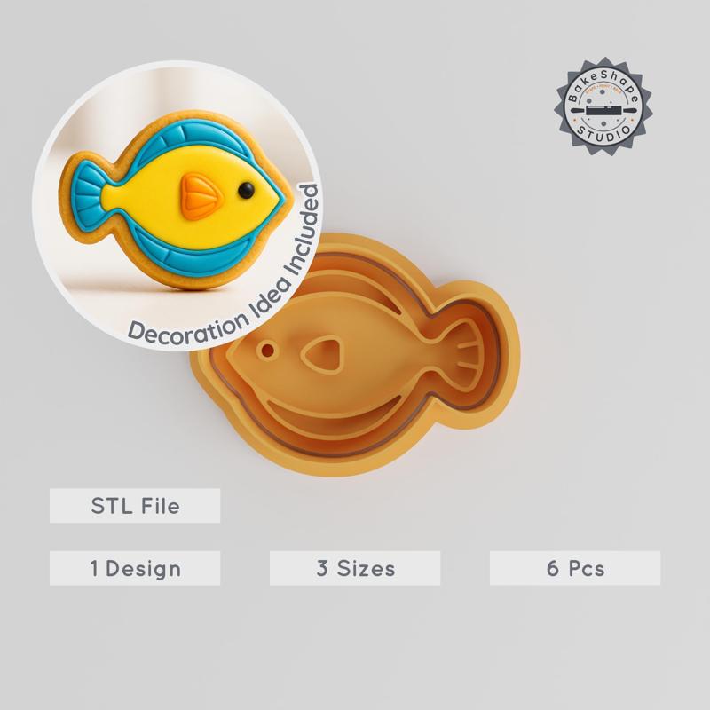 Flounder Shape Cutter & Stamp, 3 Sizes, Cookie & Fondant Design, Tropical Fish Sea Theme, Coastal Swimmer Decor Collection PRODUCT_1104