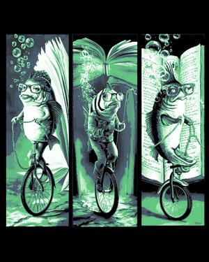 Funky Fish traveling the town on unicycles - Set of Bookmarks