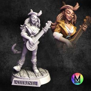Female Tiefling Bard - Citrine the Tiefling Bard ( Happy female bard playing stringed instrument )