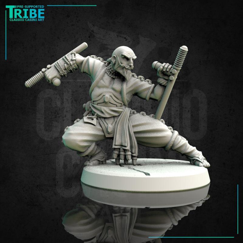(0162) Male human tiefling half-orc firbolg elf monk with sticks