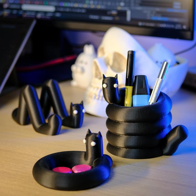Goth Cat Desk Set Organizer - Print in Place - Holoprops