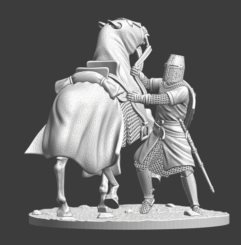 Medieval knight trying to calm his horse