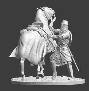 Medieval knight trying to calm his horse