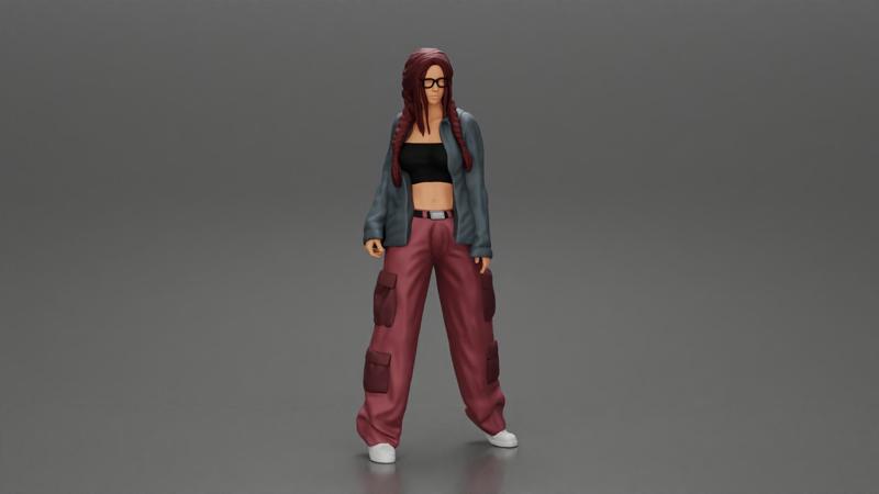 gangster homies lowrider girl posing in long open shirt with long pigtail