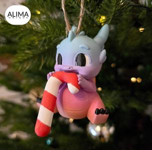 Baby Dragon eating Candy Cane + Christmas Ornament