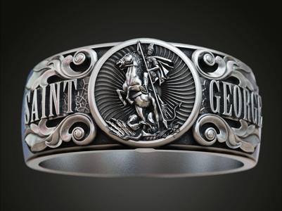 Saint George band ring baroque scrolls