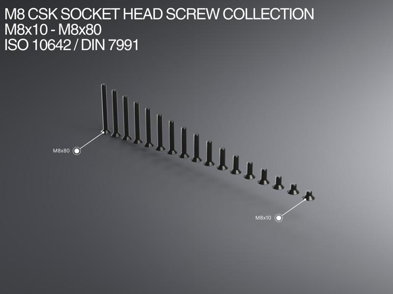 M8 CSK Socket Head Screw Collection M8x10-M8x80 ISO 10642 / DIN 7991