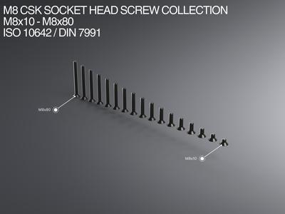 M8 CSK Socket Head Screw Collection M8x10-M8x80 ISO 10642 / DIN 7991
