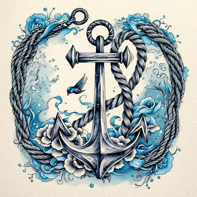 Watercolor Anchor with Flowers & Rope