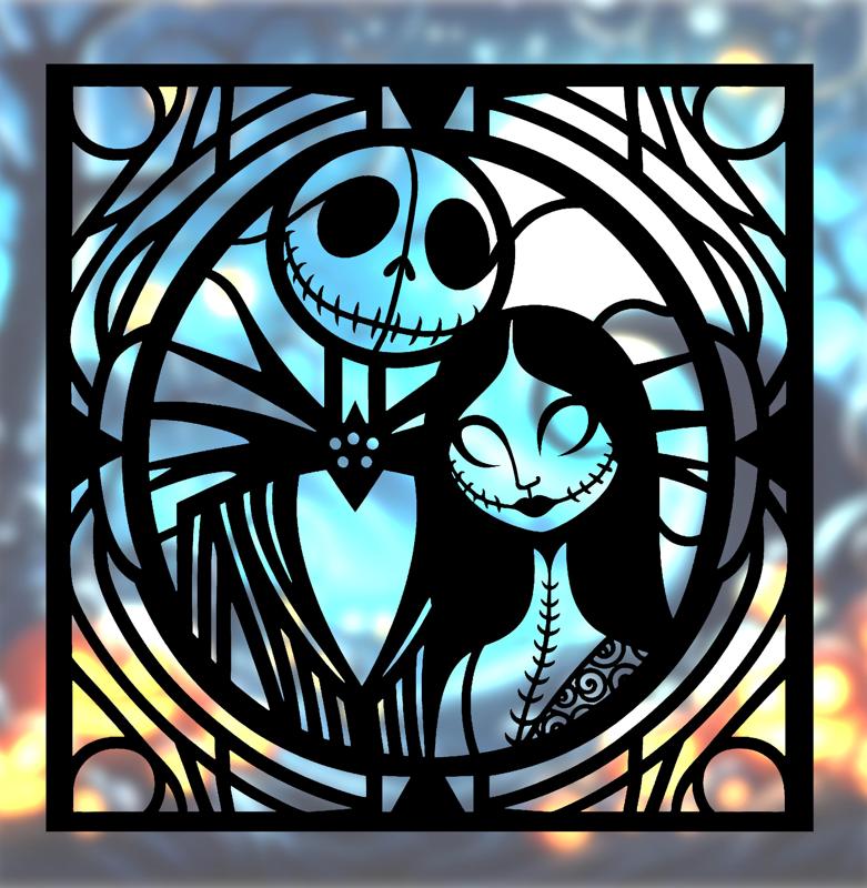 Spooky Halloween 2024 Series – Jack and Sally Stained Glass Style (2D Geometric Wall Art)