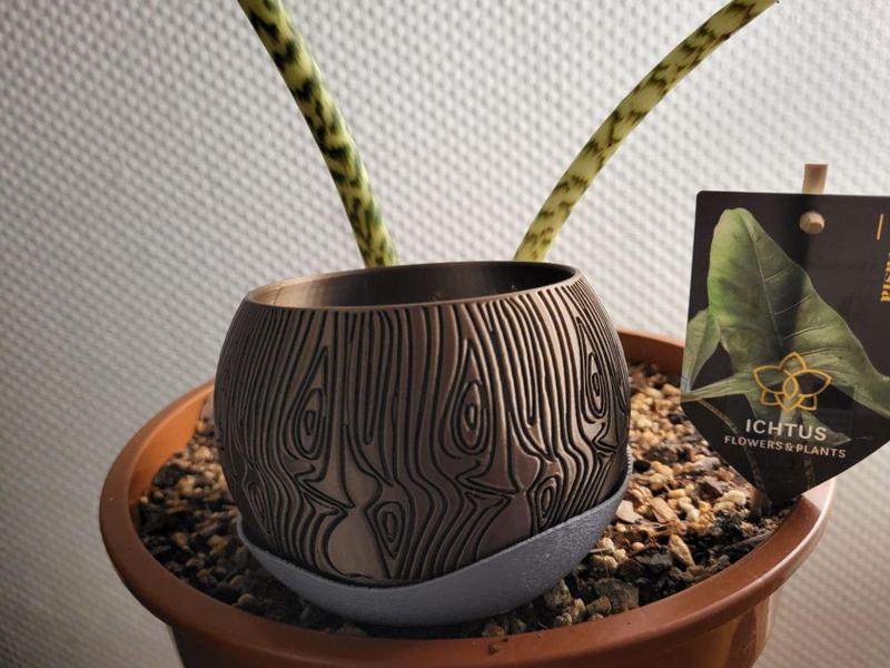 Spherepot with wood pattern. 