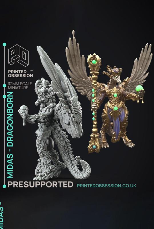 Midas Dragon - Flesh of Gold - PRESUPPORTED - Illustrated and Stats - 32mm scale			