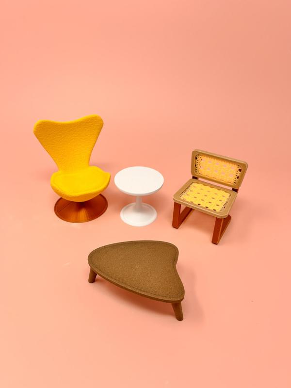 Midcentury Miniature Living Room Furniture Set – Cane Chair, Cocoon Chair, Tables, 1:12 Scale