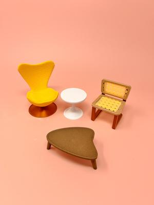 Midcentury Miniature Living Room Furniture Set – Cane Chair, Cocoon Chair, Tables, 1:12 Scale