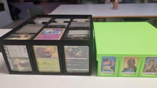 Stackable Card storage - with Display options - for all cards sizes, Sleeved and un-sleeved ; with dividers, dice and token boxes.