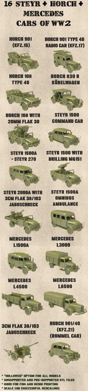 STL PACK - 16 STEYR+HORCH+MERCEDES BENZ Military cars of WW2 (scale 1:56)